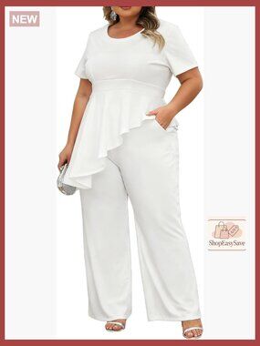 Plus Size 2 Piece Suit Set Peplum Top Straight Leg Pants Business Office Wear